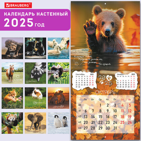Календарь настенный перекидной на 2025 г., BRAUBERG, 12 листов, 29х29 см, "Детёныши", 116171