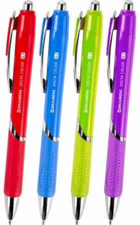 Ручка шариковая автоматическая с грипом BRAUBERG DELTA COLOR, СИНЯЯ, ассорти, узел 0,7 мм, линия письма 0,35 мм, 144202