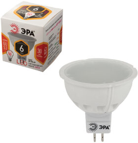 Лампа светодиодная ЭРА, 6 (50) Вт, цоколь GU5.3, MR16, теплый белый свет, 30000 ч., LED smdMR16-6w-827-GU5.3