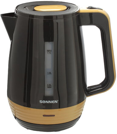 Чайник SONNEN KT-1776, 1,7 л, 2200 Вт, закрытый нагревательный элемент, пластик, черный/горчичный, 453418