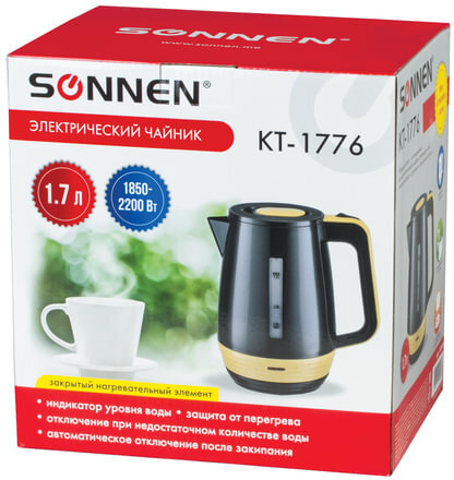 Чайник SONNEN KT-1776, 1,7 л, 2200 Вт, закрытый нагревательный элемент, пластик, черный/горчичный, 453418