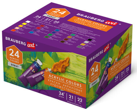 Краски акриловые художественные, НАБОР 24 штуки, 21 цвет по 22 мл, в тубах, BRAUBERG ART DEBUT, 192301
