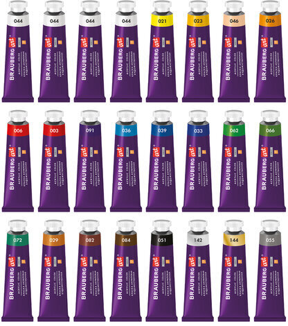 Краски акриловые художественные, НАБОР 24 штуки, 21 цвет по 22 мл, в тубах, BRAUBERG ART DEBUT, 192301