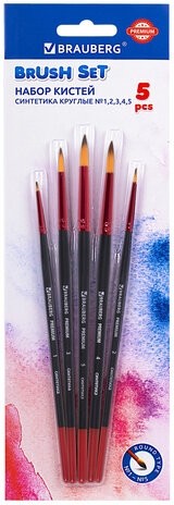 Кисти BRAUBERG PREMIUM, набор 5 шт. (синтетика, круглая № 1, 2, 3, 4, 5), блистер, 201025