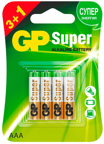 Батарейки GP Super, AAA (LR03, 24А), алкалиновые, мизинчиковые, КОМПЛЕКТ 4 шт., ПРОМО 3+1, 24A3/1-2CR4