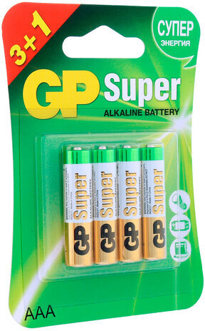 Батарейки GP Super, AAA (LR03, 24А), алкалиновые, мизинчиковые, КОМПЛЕКТ 4 шт., ПРОМО 3+1, 24A3/1-2CR4