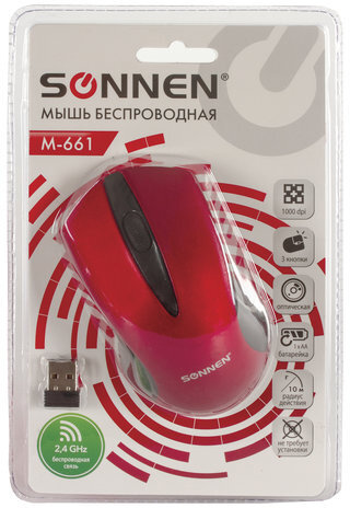 Мышь беспроводная SONNEN M-661R, USB, 1000 dpi, 2 кнопки + 1 колесо-кнопка, оптическая, красная, 512649