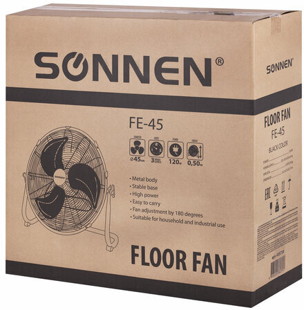 Вентилятор напольный ПОВЫШЕННОЙ МОЩНОСТИ SONNEN FE-45A, d=45 см, 120 Вт, 3 скорости, черный, 455734