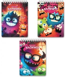Блокнот МАЛЫЙ ФОРМАТ А6 97х145мм, 60л, гребень, картон, клетка, BRAUBERG МОНСТРИКИ, 116997