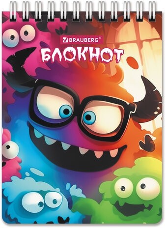 Блокнот МАЛЫЙ ФОРМАТ А6 97х145мм, 60л, гребень, картон, клетка, BRAUBERG МОНСТРИКИ, 116997