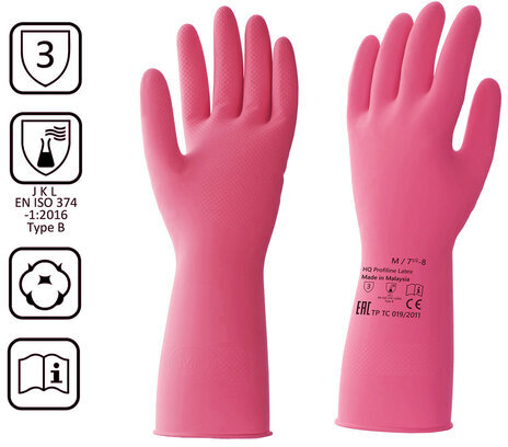 Перчатки латексные КЩС, прочные, хлопковое напыление, размер 7,5-8 M, средний, красные, HQ Profiline, 73582