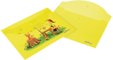 Папка-конверт с кнопкой ЮНЛАНДИЯ, А4, до 100 листов, прозрачная, желтая, 0,18 мм, 228668