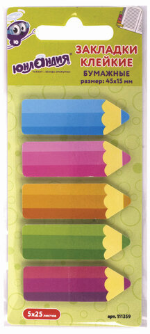 Закладки клейкие ЮНЛАНДИЯ бумажные &quot;Фигурные карандаши&quot;, 45х15 мм, 5 штук х 25 листов, ассорти, 111359