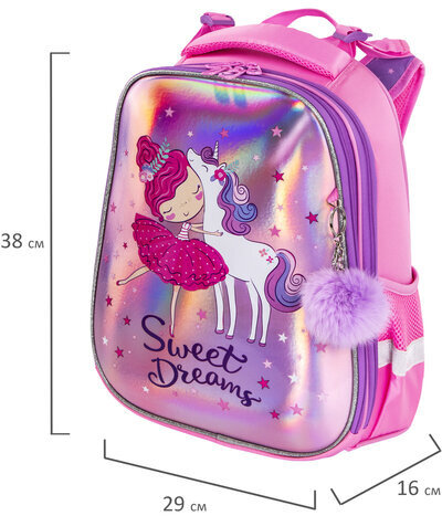 Ранец BRAUBERG PREMIUM, 2 отделения, с брелком, "Unicorn", 38х29х16 см, 229900