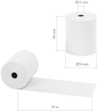 Чековая лента ТЕРМОБУМАГА 80 мм (диаметр 56 мм, длина 50 м, втулка 12 мм), КОМПЛЕКТ 6 шт., 44 г/м2, STAFF, 111954