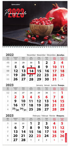 Календарь квартальный 2023 г., 3 блока, 1 гребень, с бегунком, офсет, "POMEGRANATE", BRAUBERG, 114244