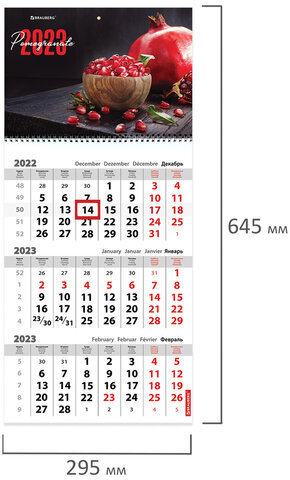 Календарь квартальный 2023 г., 3 блока, 1 гребень, с бегунком, офсет, "POMEGRANATE", BRAUBERG, 114244