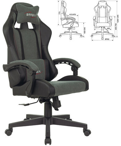 Кресло компьютерное BRABIX "Striker GM-121", синхромеханизм, 2 подушки, экокожа/велюр, черное/серое, 532961