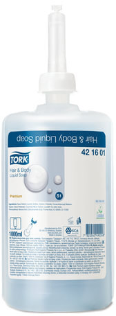 Картридж с жидким мылом-гелем для тела и волос одноразовый TORK (Система S1) Premium, 1 л, 421601, 420601