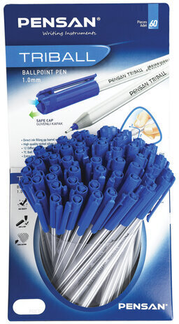 Ручка шариковая масляная PENSAN "Triball", СИНЯЯ, ДИСПЛЕЙ, трехгранная, узел 1 мм, линия письма 0,5 мм, 1003/S60