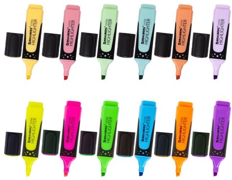 Набор текстовыделителей 12 ЦВЕТОВ на подставке, BRAUBERG "EXTRA", прорезиненный корпус, линия 1-5 мм, 151758