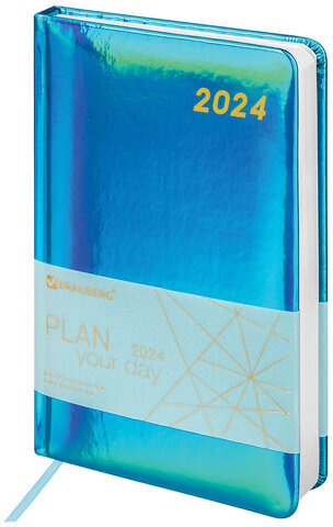 Ежедневник датированный 2024 А5 138x213 мм, BRAUBERG "Holiday", под кожу, "зеркальный", бирюза, 114843