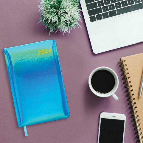 Ежедневник датированный 2024 А5 138x213 мм, BRAUBERG "Holiday", под кожу, "зеркальный", бирюза, 114843