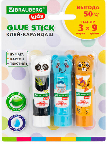 Клей-карандаш "Зверята: панда, слон, леопард" 9 г, фигурный колпачок, 3 шт./блистер, BRAUBERG KIDS, 272473