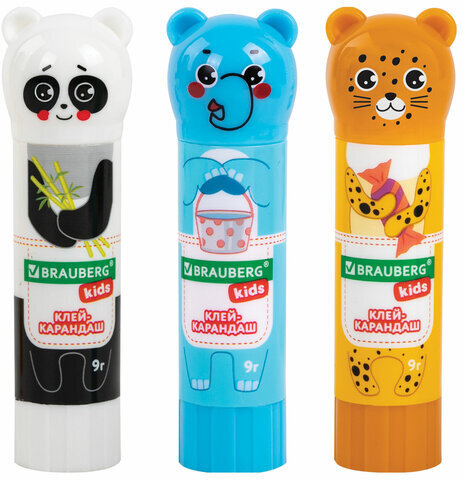 Клей-карандаш "Зверята: панда, слон, леопард" 9 г, фигурный колпачок, 3 шт./блистер, BRAUBERG KIDS, 272473