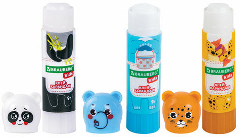 Клей-карандаш "Зверята: панда, слон, леопард" 9 г, фигурный колпачок, 3 шт./блистер, BRAUBERG KIDS, 272473