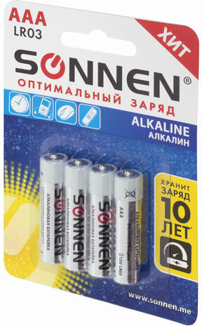 Батарейки КОМПЛЕКТ 4 шт., SONNEN Alkaline, AAA (LR03, 24А), алкалиновые, мизинчиковые, в блистере, 451088