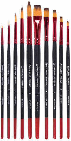 Кисти BRAUBERG PREMIUM, набор 10 шт. (синтетика, круглые № 1, 2, 3, 5, 8, плоские № 2, 4, 6, 8, 10), 201027