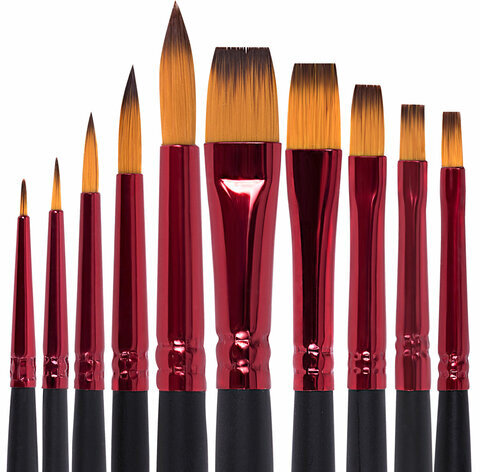 Кисти BRAUBERG PREMIUM, набор 10 шт. (синтетика, круглые № 1, 2, 3, 5, 8, плоские № 2, 4, 6, 8, 10), 201027