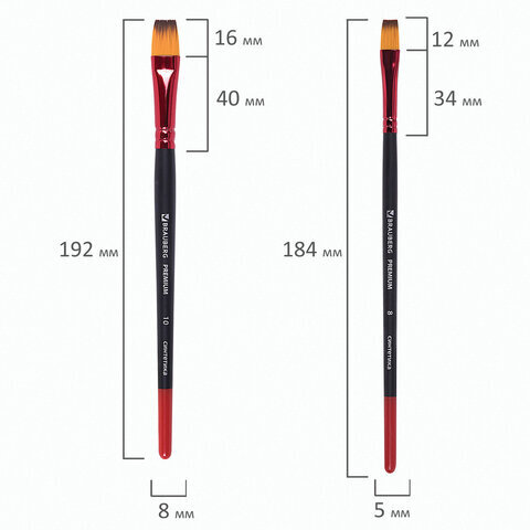 Кисти BRAUBERG PREMIUM, набор 10 шт. (синтетика, круглые № 1, 2, 3, 5, 8, плоские № 2, 4, 6, 8, 10), 201027