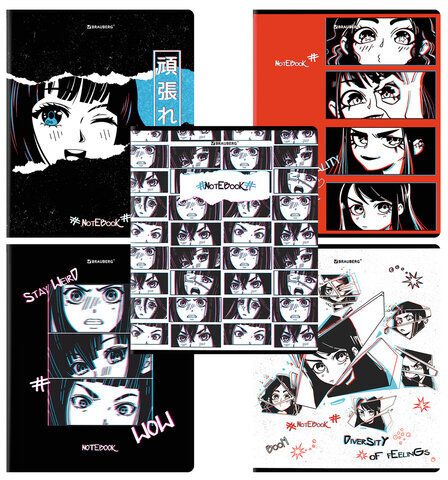 Тетрадь А5, 48 л., BRAUBERG, скоба, клетка, глянцевый лак, "Аниме" (микс в спайке), 404347