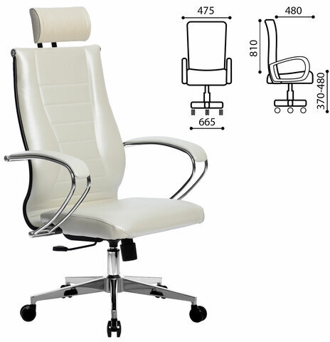 Кресло офисное МЕТТА "К-34" хром, рецик. кожа, подголовник, сиденье и спинка мягкие, белое