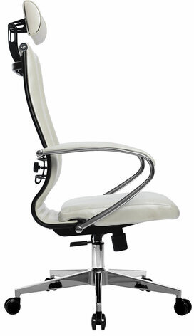 Кресло офисное МЕТТА "К-34" хром, рецик. кожа, подголовник, сиденье и спинка мягкие, белое