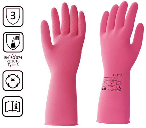 Перчатки латексные КЩС, прочные, хлопковое напыление, размер 8,5-9 L, большой, красные, HQ Profiline, 73585