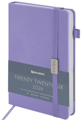 Ежедневник датированный 2026, А5, 138x213 мм, BRAUBERG &quot;Control&quot;, под кожу, держатель для ручки, сиреневый, 117125