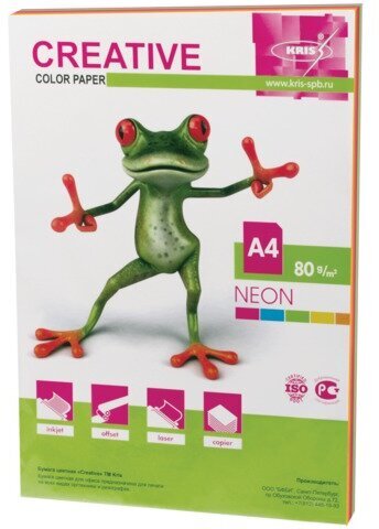 Бумага цветная CREATIVE color, А4, 80 г/м2, 50 л., (5 цветов х 10 листов) микс неон, БНpr-50r