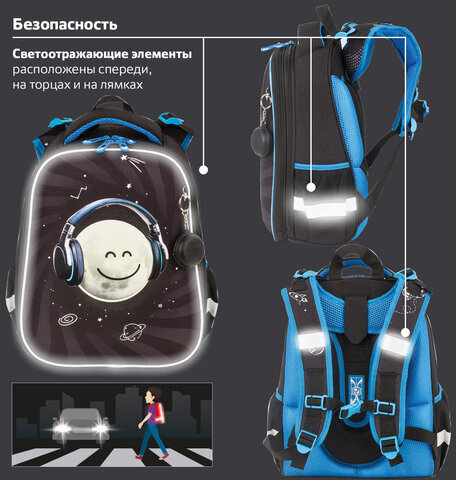 Ранец BRAUBERG PREMIUM, 2 отделения, с брелком, "Moon", СВЕТЯЩИЙСЯ, 38х29х16 см, 229905