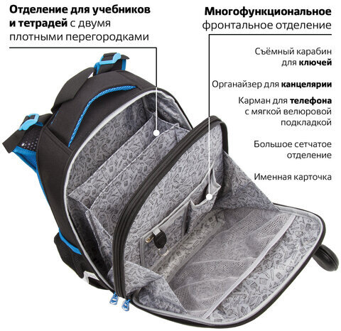 Ранец BRAUBERG PREMIUM, 2 отделения, с брелком, "Moon", СВЕТЯЩИЙСЯ, 38х29х16 см, 229905