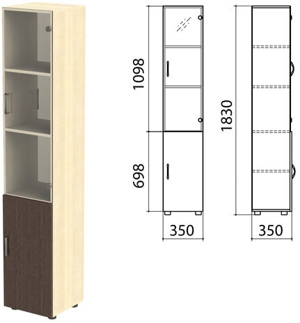 Шкаф закрытый со стеклом "Канц", 350х350х1830 мм, цвет дуб молочный/венге (КОМПЛЕКТ)