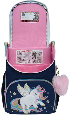 Ранец GRIZZLY анатомическая спинка, с мешком для обуви, для девочек, ALICORN, 33х25х13 см, RAm-484-1/1