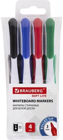 Маркеры стираемые для белой доски НАБОР 4 ЦВЕТА, BRAUBERG "SOFT LITE", 3 мм, резиновая вставка, 152107