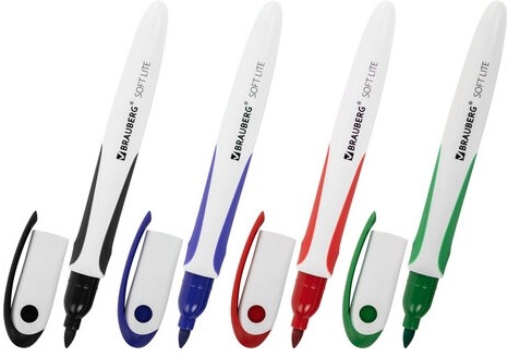 Маркеры стираемые для белой доски НАБОР 4 ЦВЕТА, BRAUBERG "SOFT LITE", 3 мм, резиновая вставка, 152107