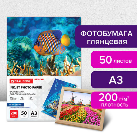 Фотобумага глянцевая БОЛЬШОГО ФОРМАТА, А3, 200 г/м2, односторонняя, 50 листов, BRAUBERG ORIGINAL, 363995