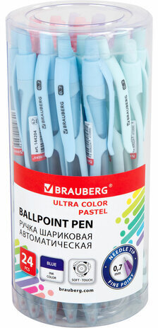 Ручка шариковая автоматическая BRAUBERG ULTRA COLOR PASTEL, soft-touch, СИНЯЯ, пишущий узел 0,7 мм, линия 0,35 мм, 144204