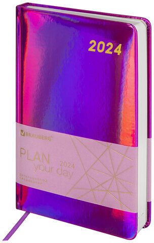 Ежедневник датированный 2024 А5 138x213 мм, BRAUBERG "Holiday", под кожу, "зеркальный", фиолетовый, 114844