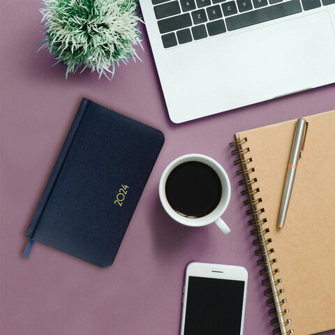 Еженедельник датированный 2024 МАЛЫЙ ФОРМАТ 95х155 мм А6, BRAUBERG "Select", балакрон, синий, 115047